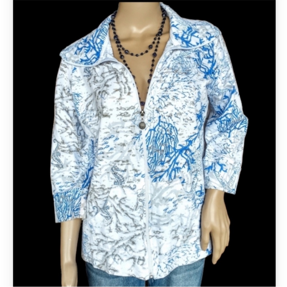 Casey Key Beach Themed Zip Front Jacket 3/4 sleeve Women’s size M with pockets